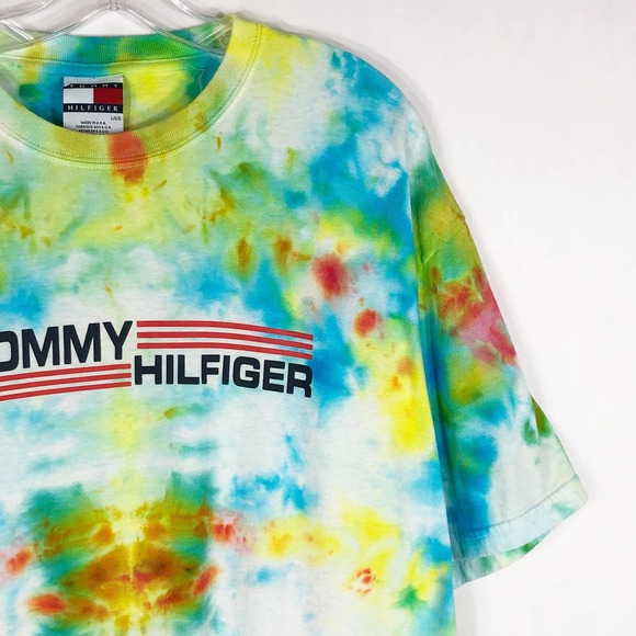 Tommy Hilfiger Large Tee Shirt Sunny Side Tie Dye Handmade Yellow Blue 232 - Picture 5 of 9